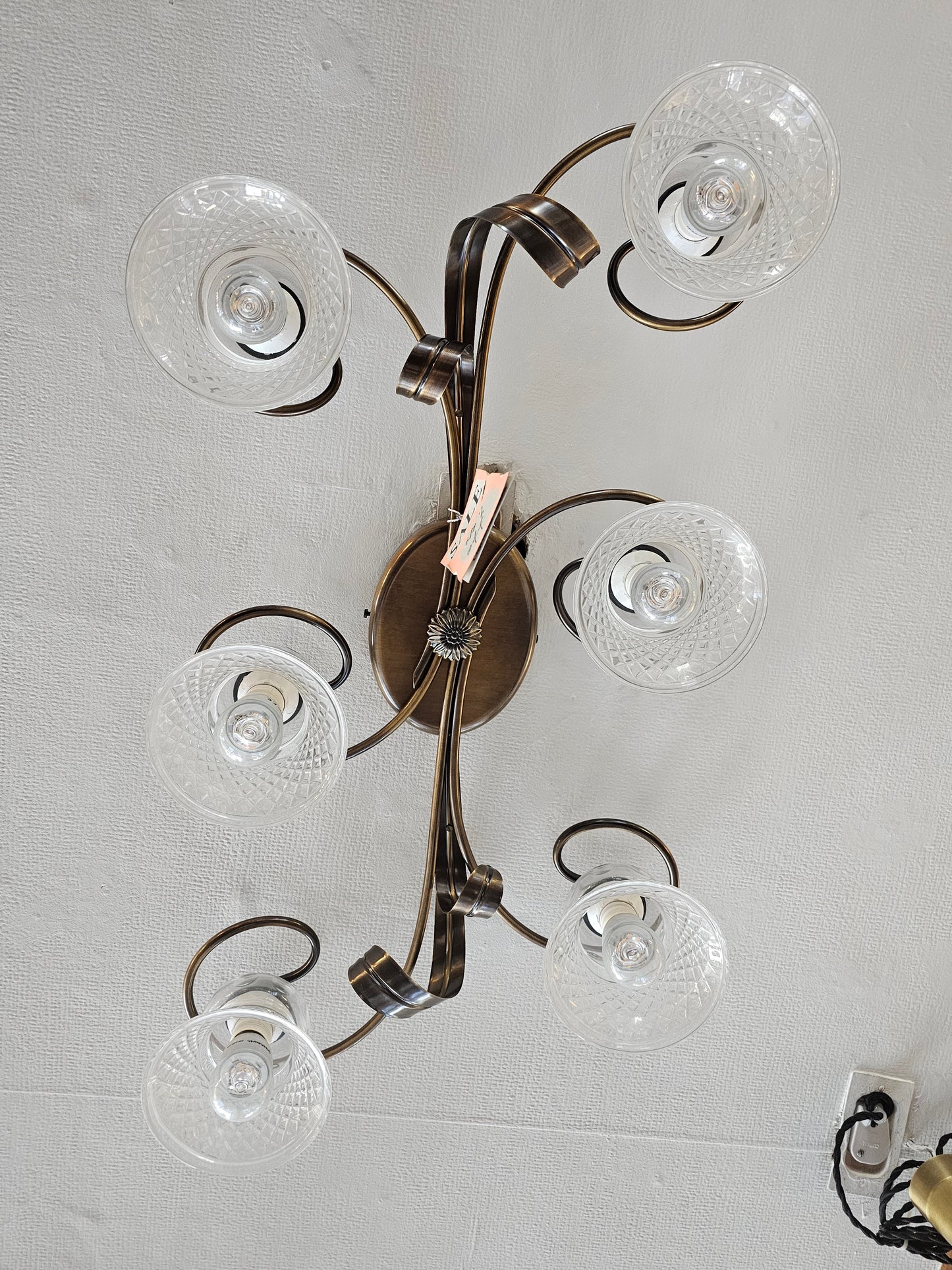 CIP2216/06/11 Close to Ceiling Light Fixture in Antique Brass Ornate Metal Frame with 6 x Murano Clear Bell Shaped Glasses. Made In Italy.