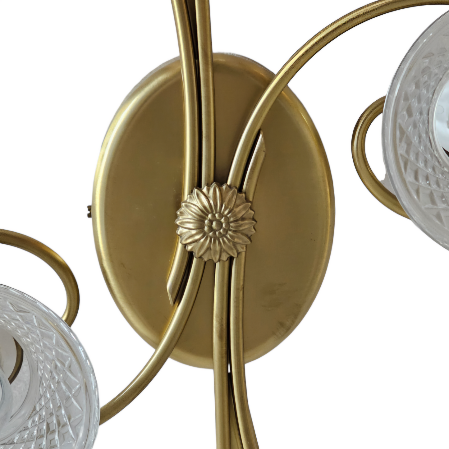 CIP2216/06/11 Close to Ceiling Light Fixture in Satin Gold Ornate Metal Frame with 6 x Murano Clear Bell Shaped Glasses. Made In Italy.