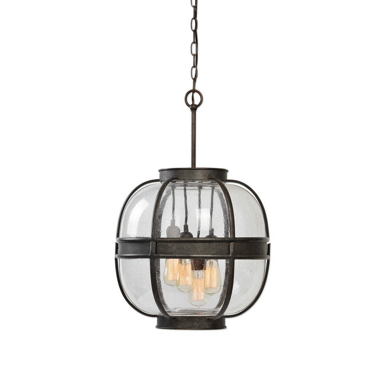 Timeless and classic, with old world charm, this 4 Lt. pendant in a distressed aged bronze finish with clear seeded glass is updated for today.
