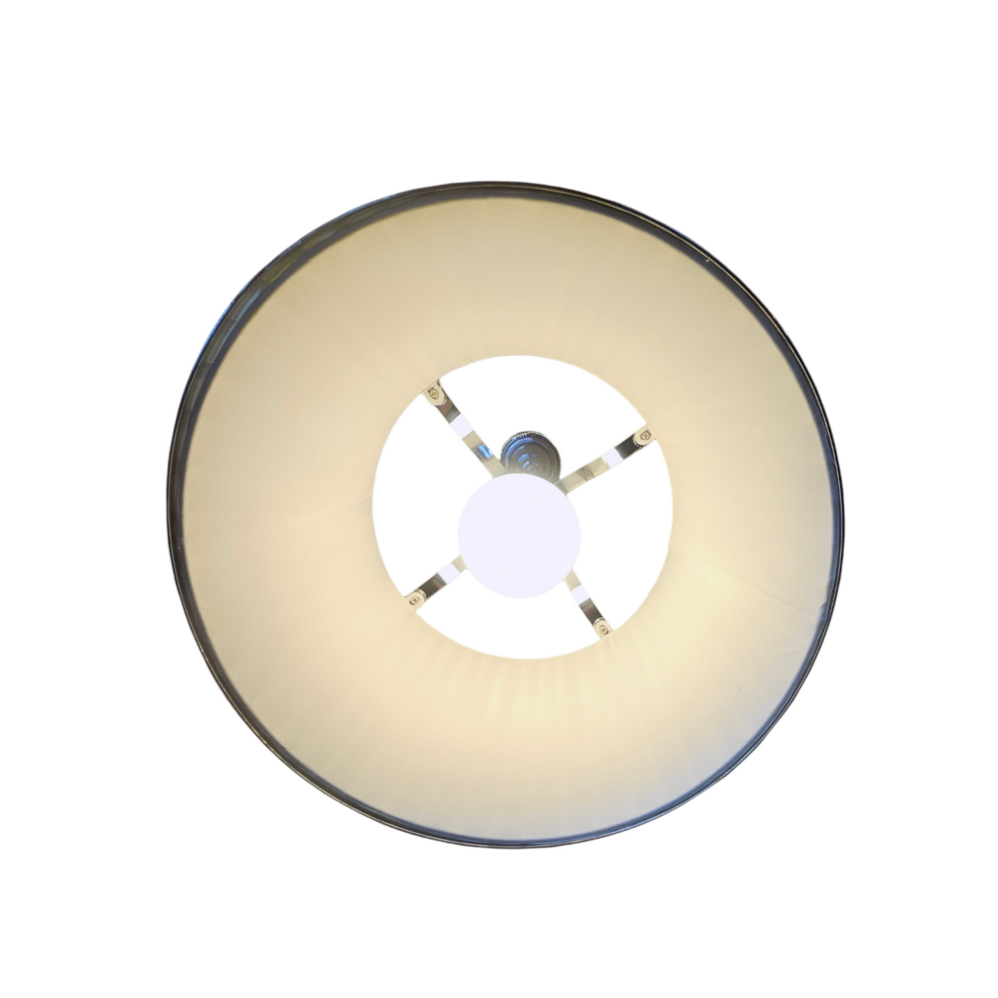 Small 40cm Hanging Pleated Fabric Shade with Polished Chrome Metal Criss-cross Frame. This light is a hanging frame defined by its striking criss-cross design. It features an inner pleated white lampshade which is open from the bottom. (Please note: the light globe is intended to be in view when looking up from underneath the shade).
The circular frame with crossed banding is set in four panels, each with it's central finial detail in Polished Chrome Metal-ware.