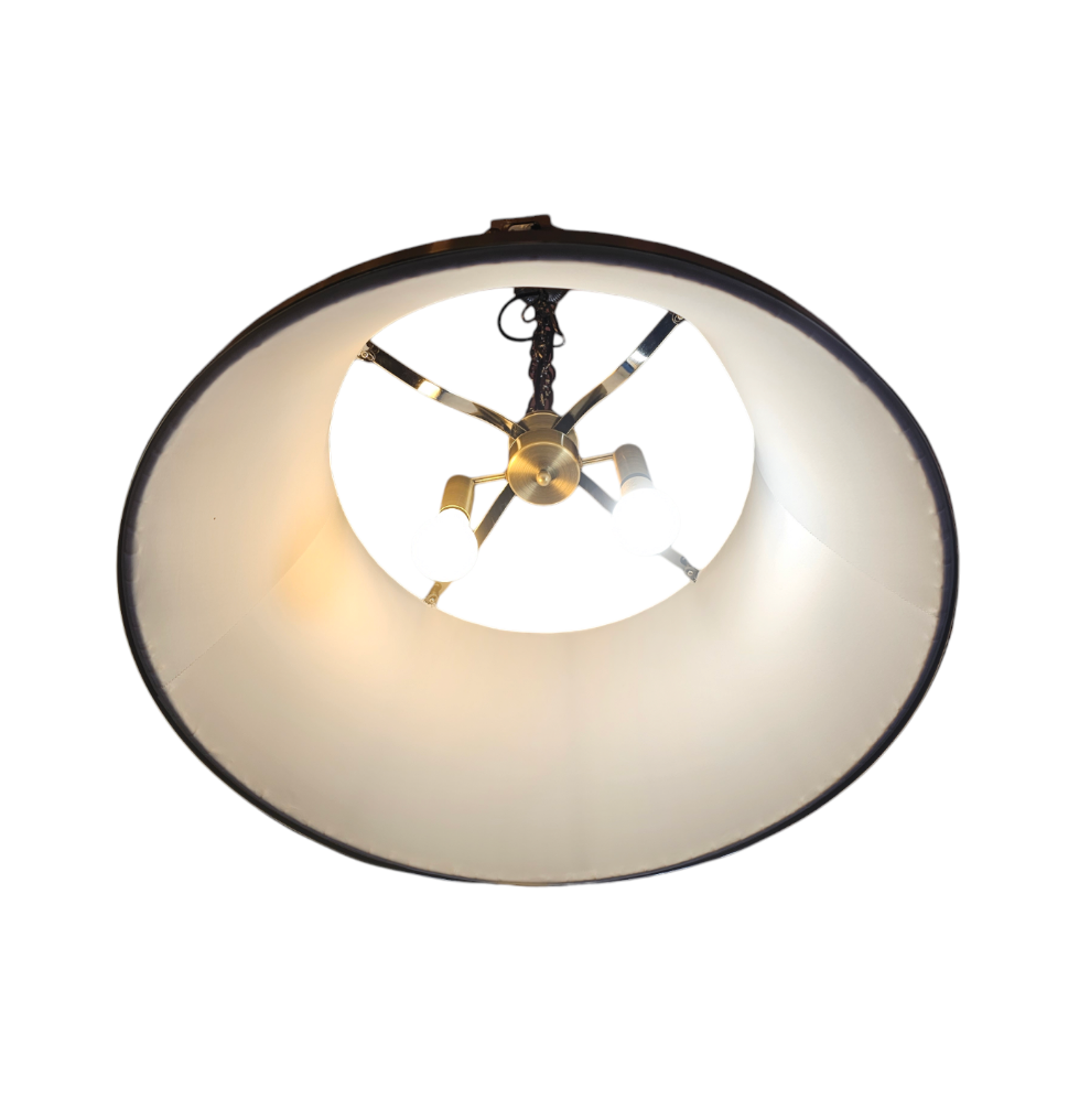 Large 60cm Hanging Pleated Fabric Shade with Polished Chrome Metal Criss-cross Frame. This light is a hanging frame defined by its striking criss-cross design. It features an inner pleated white lampshade which is open from the bottom. (Please note: the light globe is intended to be in view when looking up from underneath the shade).
The circular frame with crossed banding is set in four panels, each with it's central finial detail in Polished Chrome Metal-ware.