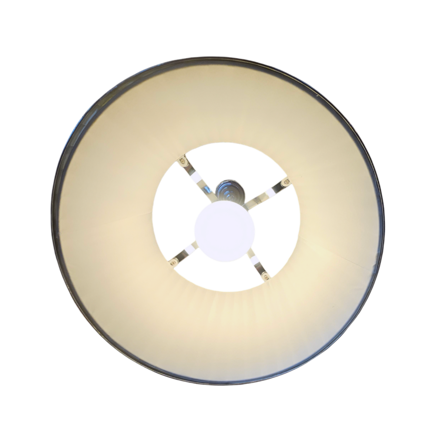 Small 40cm Hanging Pleated Fabric Shade with Antique Brass Metal Criss Cross Frame. This light is a hanging frame defined by its striking criss-cross design. It features an inner pleated white lampshade which is open from the bottom. (Please note: the light globe is intended to be in view when looking up from underneath the shade).
The circular frame with crossed banding is set in four panels, each with it's central finial detail in Antique Brass Metal-ware.