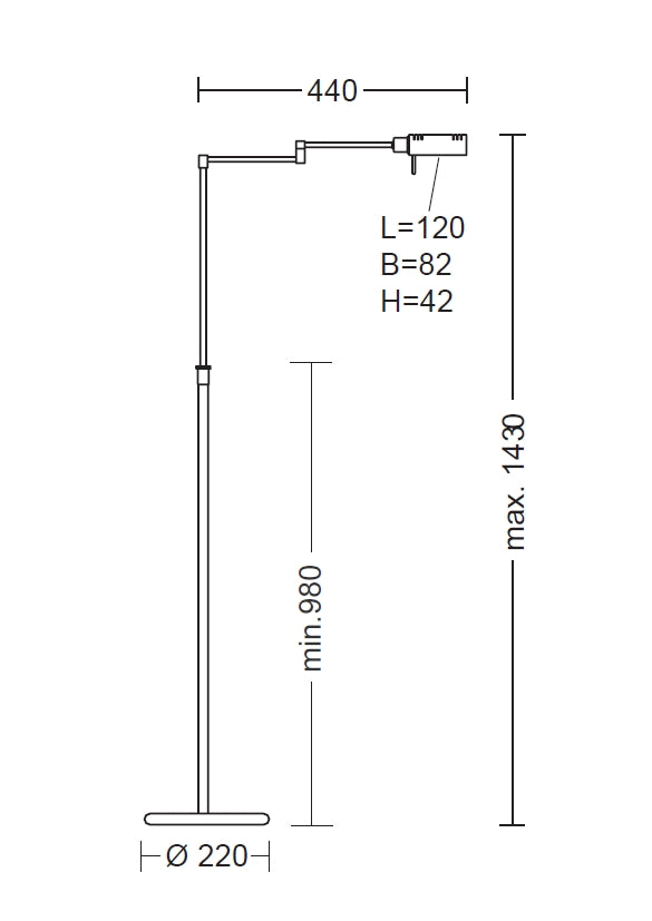 HK9801 Series Specification Sheet, A floor standing lamp, adjustable in height, has a swing arm and an adjustable head. Built in LED with dimmer.