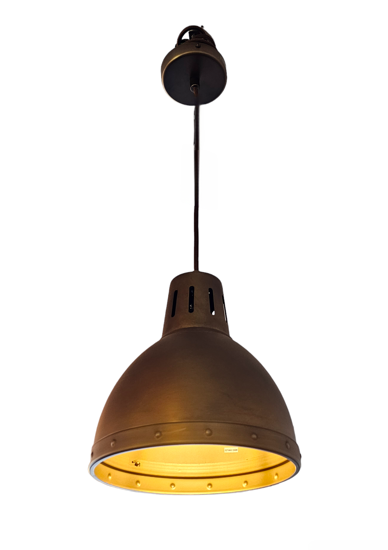 Small 23cm Diameter, 30cm Height Aged Bronze Metal Industrial Hanging Pendant with Gold Insert and Dark Brown Cord