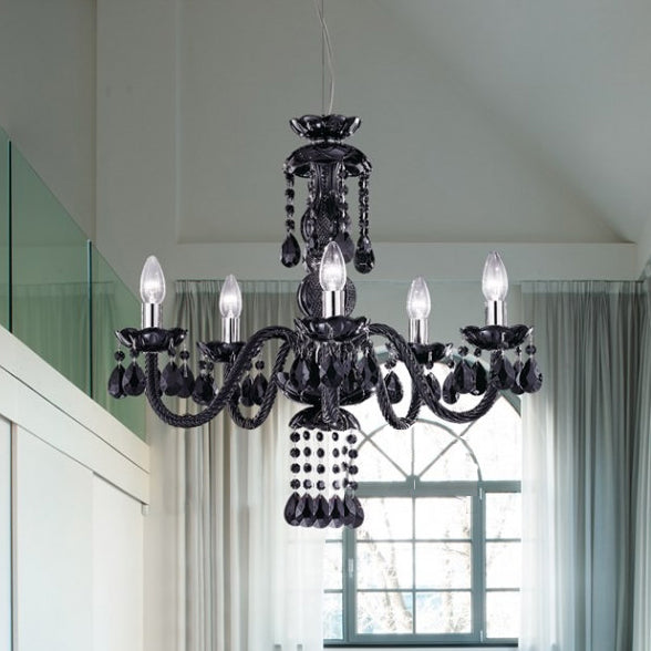 The exquisite structure and cups of this stunning Masiero (Italy) black Murano chandelier, radiate traditional elegance. The frame and cups are entwined with beautiful delicate black crystals and accents. This is a captivating centerpiece that enchants with its beauty and allure. Made In ITALY.