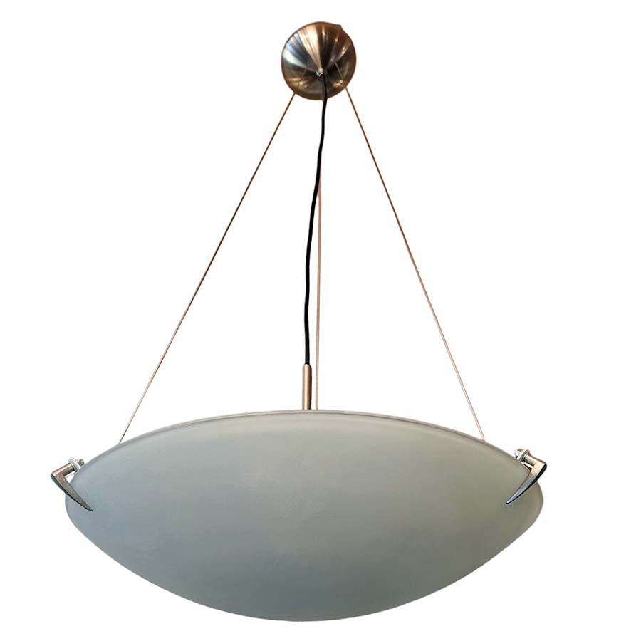 Frosted Glass Dish Hanging Pendant, with Satin Chrome Metal ware with 3 Spike Prongs. Stainless Steel Suspension wires which can be shortened or lengthened on installation. Round Canopy Base Plate sits directly onto the ceiling.