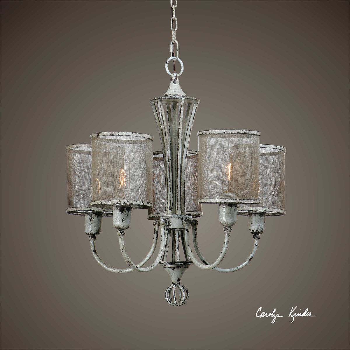 This Vintage Rustic Style Chandelier Features A Handcrafted Rustic Screen Shades With Intentional Indentations And Uneven Texture, So No Two Are Exactly Alike. The Metal Finish Is Distressed Antiqued Ivory With Dark Espresso Undertones.