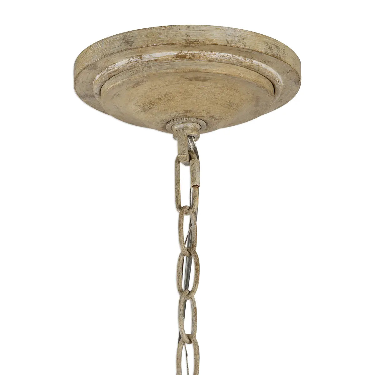 Transitional elegance is the best way to describe this turned wood detailed chandelier featuring a sea salt finish. The traditional chandelier roots show in the turned wood drops, wooden bobeches, and the wood beads threaded between washed nickel chains. This chandelier would suit most decors and would be a superb addition to enhance your interior.